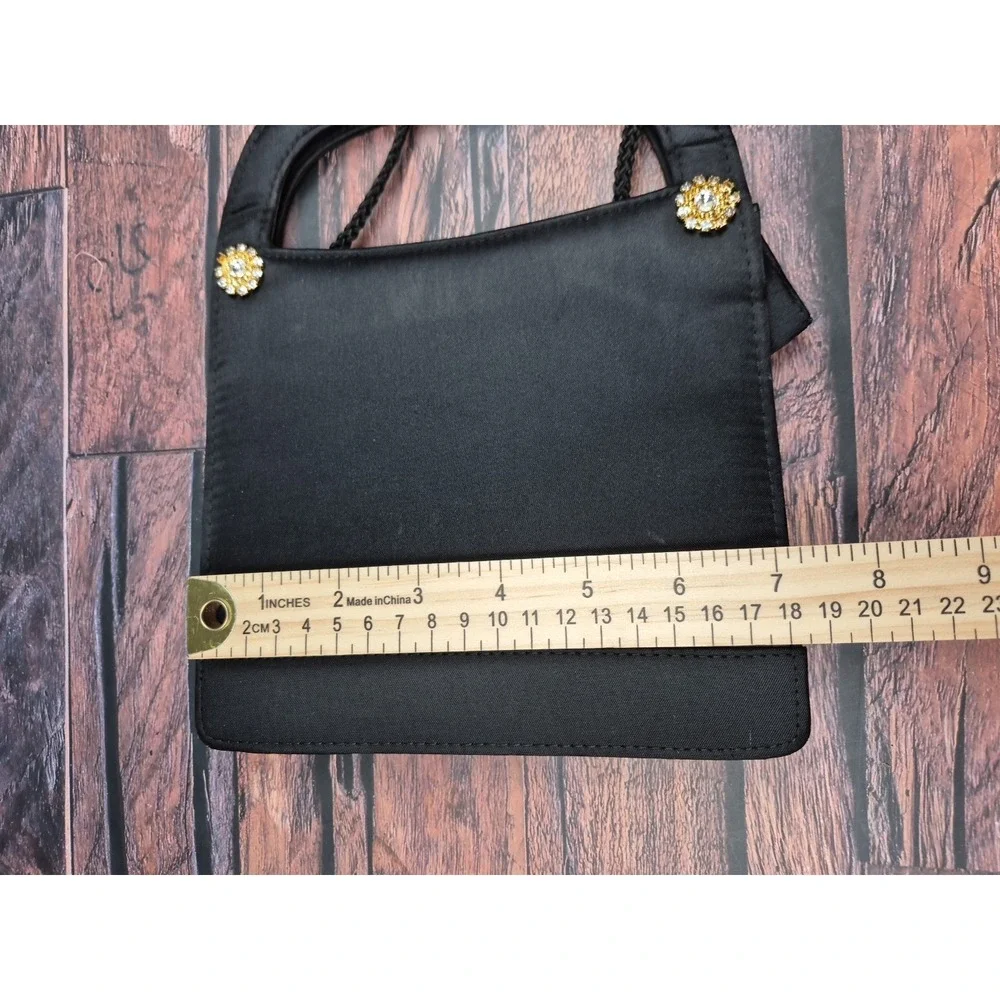 Black Satin Evening Bag Gold Bling Rope Strap Foldable Purse Wedding Prom Travel